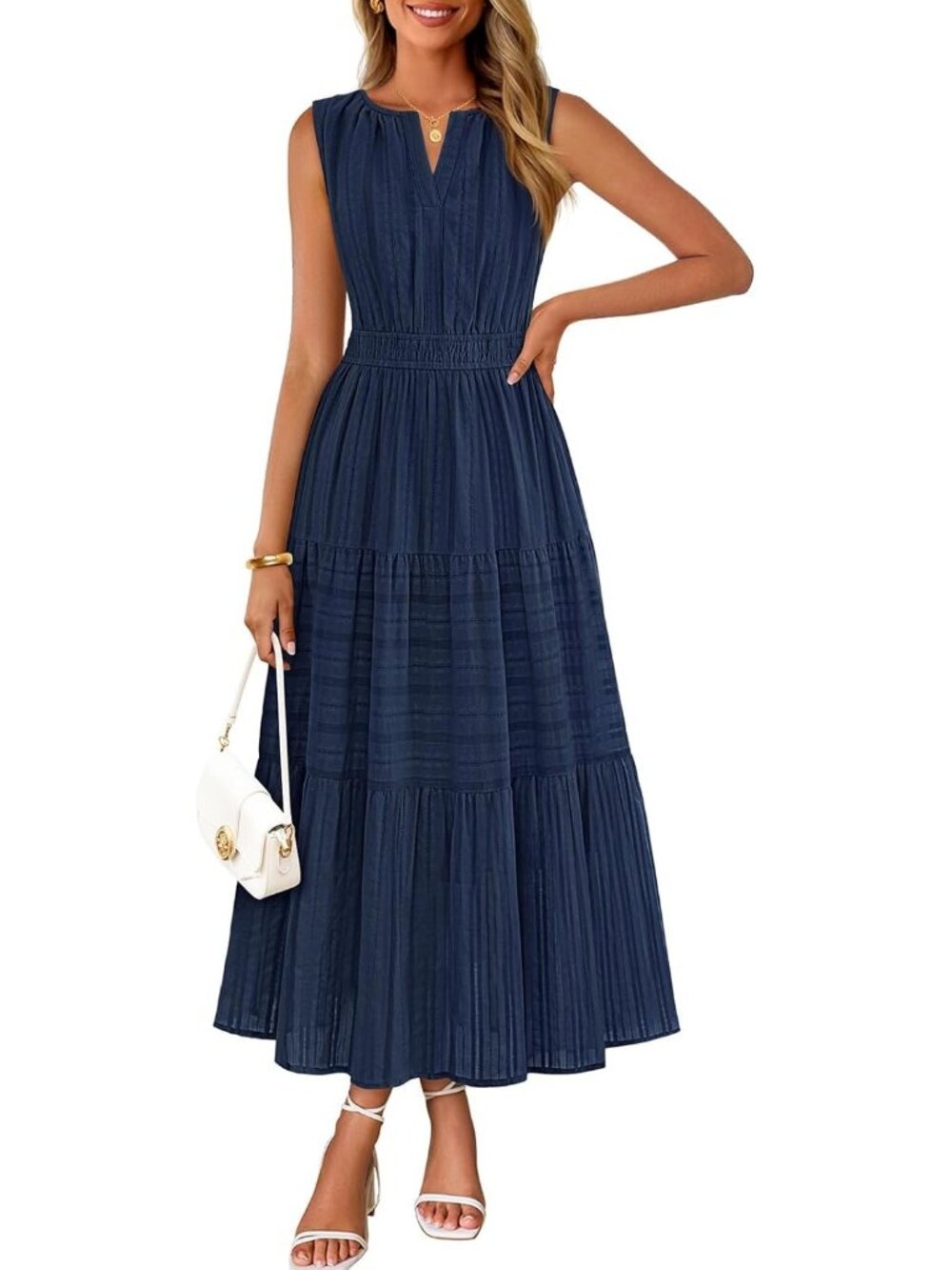 🆕Women Navy blue Maxi Dress for  Casual Sleeveless Boho V Neck Cotton Long Dres